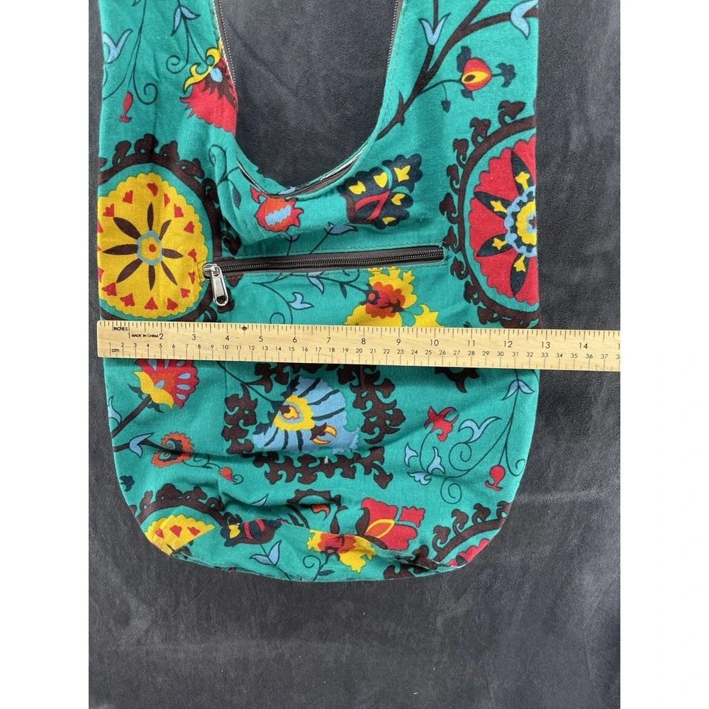 Boho Floral Cotton Sling Crossbody Hobo Bag Teal Hippie Festival Zip Purse